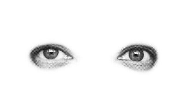 Halftone eyes blinking on white background. Stop motion style, seamless loop for expression, emotion, and human concept content.