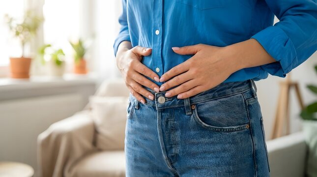 Woman holding her stomach and suffering from abdominal pain, bloating or indigestion at home