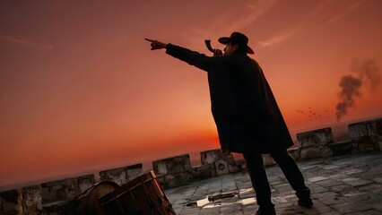 Fototapeta premium Dramatic Silhouette of a Man Pointing Against a Sunset Sky