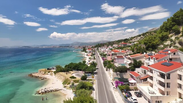 Coastal Road Through Podstrana, Dalmatia, Croatia, Aerial Summer View