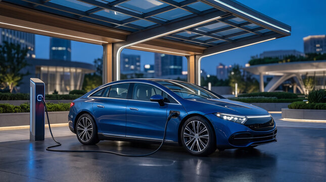 Blue Electric Vehicle at Modern Covered Charging Station at Dusk