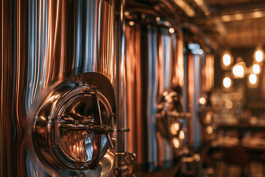 Reflective copper brewery tanks in a rustic bar. Craft beer.