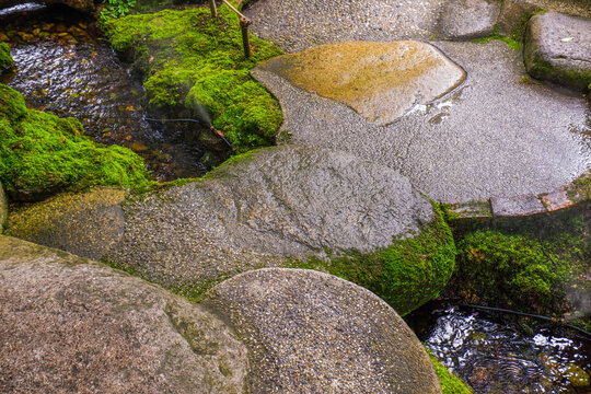 Pathway in forest garden and footpath,Tranquil river scene with mossy rocks,nature rainforest,Waterfall in Garden landscape design space for text.