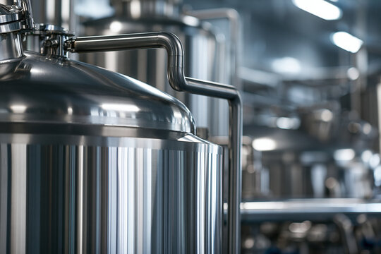 Shiny stainless steel brewing vats in a facility. Modern industrial.