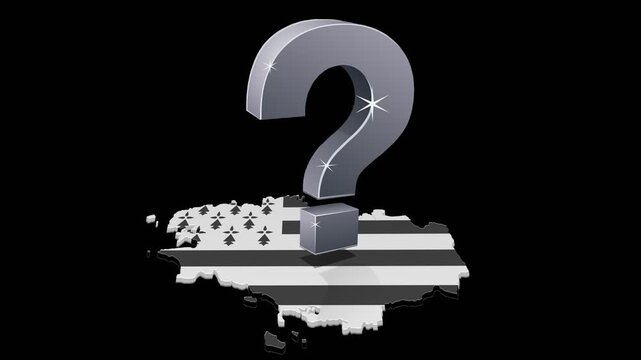 Animated 3D question mark levitating over Brittany map with flag representing regional uncertainty and unknown future. Chroma key green screen with alpha channel. (loopable)