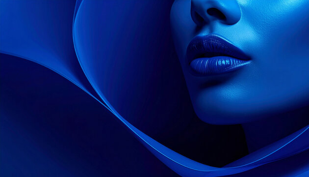 Monochrome royal blue conceptual beauty portrait featuring a woman's lower face with glossy lips framed by smooth abstract flowing waves, creating a futuristic fashion aesthetic.