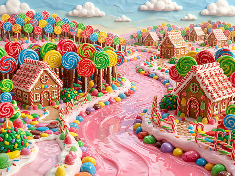 Whimsical candy land landscape with gingerbread houses. Colorful lollipop forest and pink frosting river. Sweet dessert fantasy world.