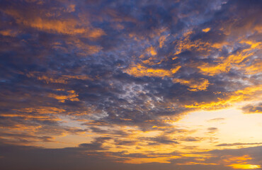 Obraz premium Dramatic Golden and Blue Hour Sky with Textured Clouds,A breathtaking wide-angle photograph of a dramatic evening sky, filled with textured clouds that are brilliantly illuminated in vibrant golden.