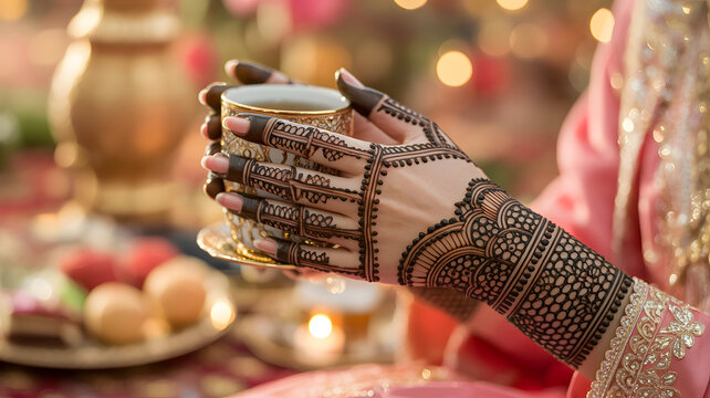 Female hand with intricate henna design holding ornate golden cup with captures close up hand detailed mehndi art holding decorative teacup against bokeh background