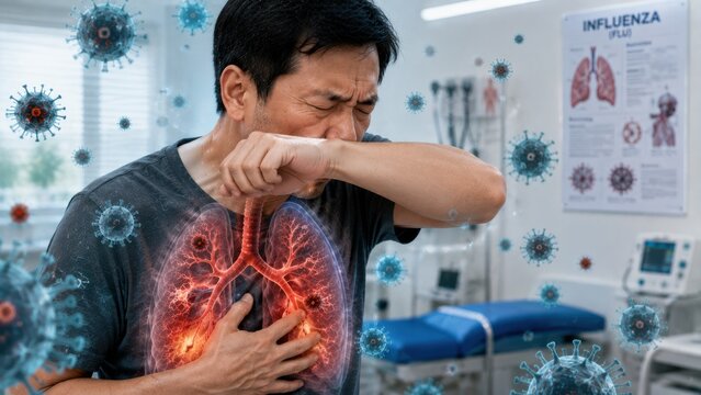 Man coughing due to influenza virus infection affecting lungs, viral particles surrounding him.
