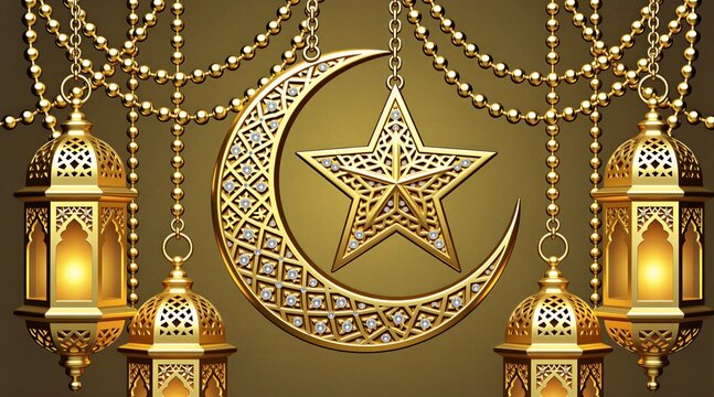Gold decorative crescent moon, star symbol hangs with ornate lanterns on chains. Shiny metal ornaments display intricate patterns against dark background. Islamic holiday design features brilliant