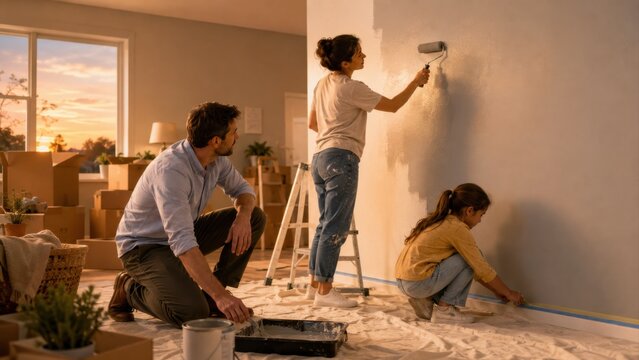 Evening home improvement shows family painting together after busy day, surrounded by unpacked belongings, expressing persistence, teamwork and gradual creation of shared home.