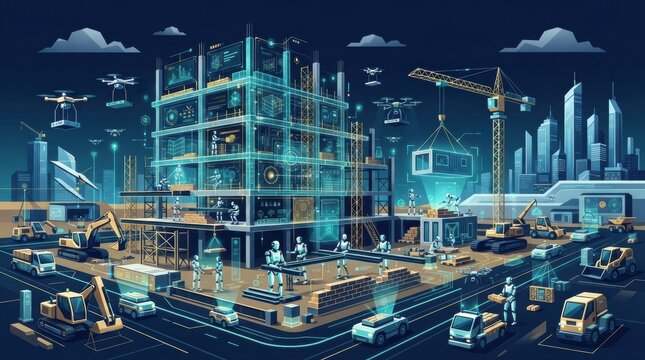 Robots operate on a busy construction site, utilizing building information modeling technology to enhance digital construction efforts.