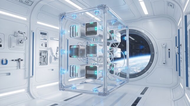 Futuristic space station module interior with transparent holographic research equipment futuristic interior holographic technology laboratory