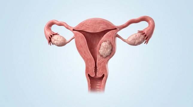 Uterine sarcoma shown in premium clinical CGI with irregular malignant mass arising within muscular uterine wall on a clean medical background