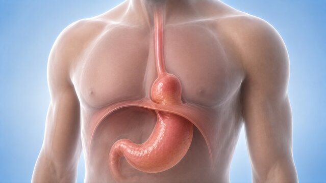 Hiatal hernia shown inside semi-transparent torso with partial upward displacement of the stomach through the diaphragm in premium clinical CGI
