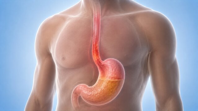 gastroesophageal reflux disease GERD shown inside semi-transparent torso with irritated lower esophagus and gastroesophageal junction in premium clinical CGI.
