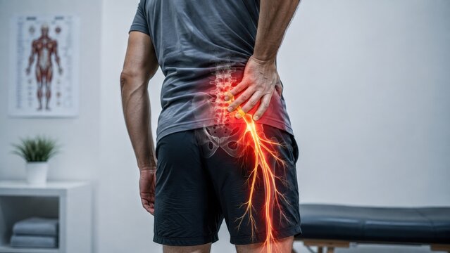 Man experiencing severe back and leg pain, indicating sciatica and lower spine discomfort.