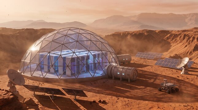 Futuristic mars research base with glass dome habitat exploration research landscape extraterrestrial futuristic technology astronomy survival