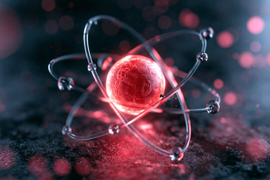 A vividly glowing red atomic structure with orbiting electrons radiates energy on a dark background. Ideal for scientific research, quantum physics, and nuclear technology.