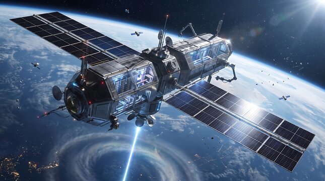 Scientific space station orbiting planet earth with satellite astronomy technology exploration universe international research engineering