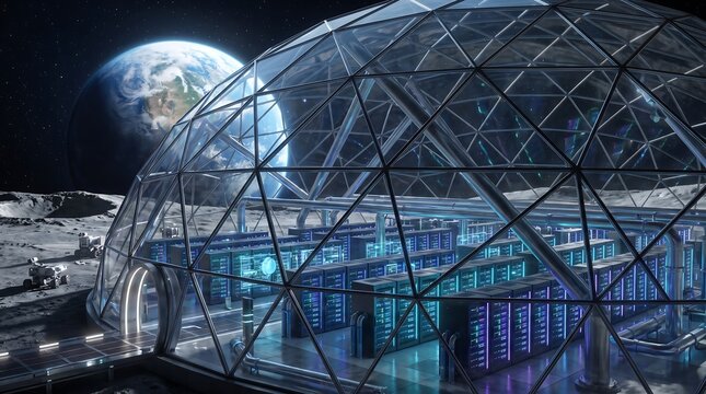Moon research colony data center under glass dome with research technology futuristic infrastructure computing artificial lighting landscape