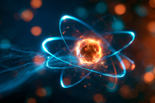 A brightly glowing atomic structure with an orange core and blue orbiting electrons. Ideal for representing science, energy, or quantum physics concepts.