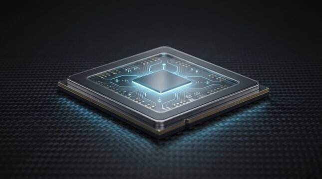 Macro view of a modern computer microprocessor chip glowing with blue light processor microprocessor technology semiconductor electronic