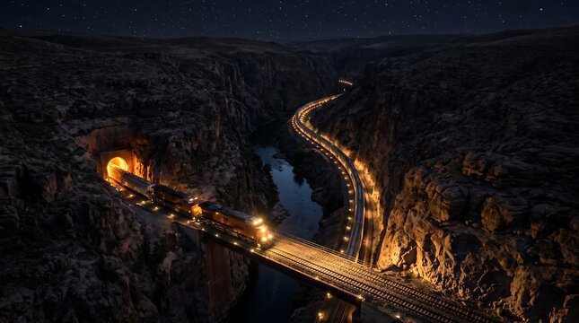 Aerial view of a cargo train passing through a canyon tunnel at night with landscape transport locomotive transportation lighting perspective