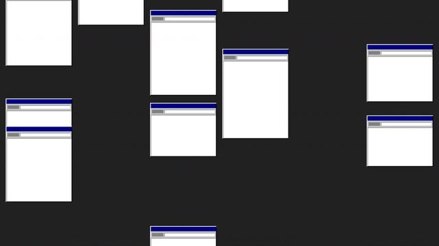 Abstract animation of multiple retro browser windows moving across a black background with a parallax scrolling effect.