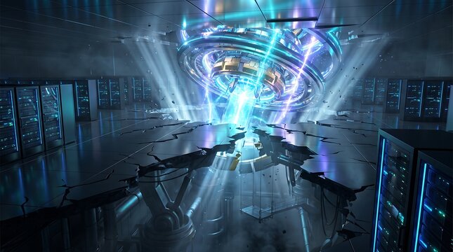 Futuristic digital data processing center with swirling holographic energy projection hologram technology futuristic computing innovation