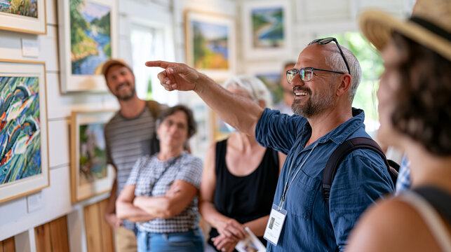 A crowd of visitors in a rural gallery annex surrounds a museum docent gesturing toward a newly acquired landscape collection displayed on whitewashed walls, the group absorbing each painting detail