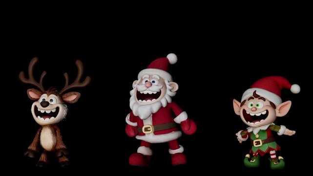 Funny crazy 3D cartoon Santa Claus reindeer and elf dancing together on green screen chroma key. Christmas holiday characters animation compositing overlay. Alpha channel. 3d rendering animation.