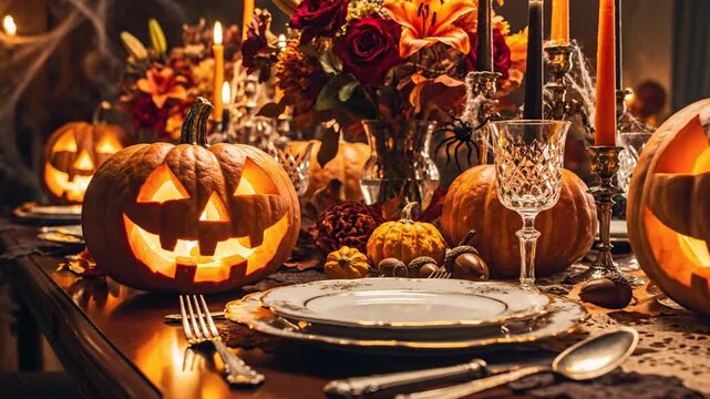 Elegant Halloween dining table set with carved pumpkins and candles