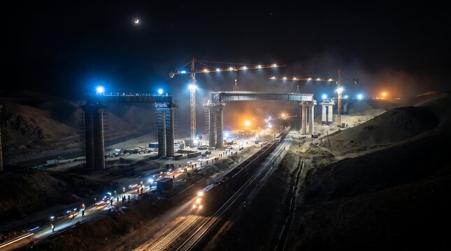 Construction site of railway bridge at night with artificial lighting construction infrastructure industrial concrete engineering machinery
