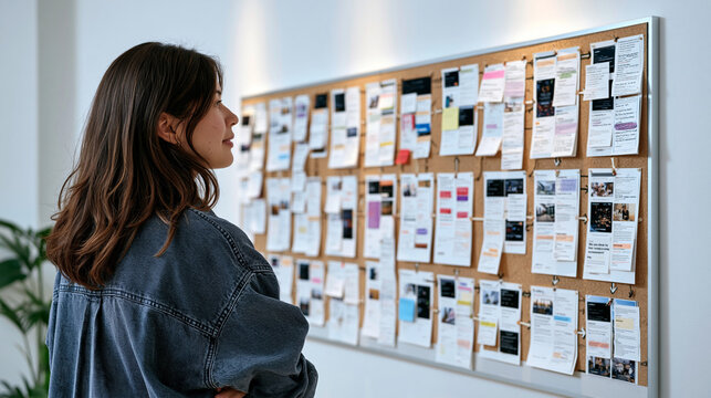 A performance marketer stands in a minimalist studio before a wide wall chart mapping the full affiliate customer journey from first click to final conversion, arrows and touchpoints laid out in cle