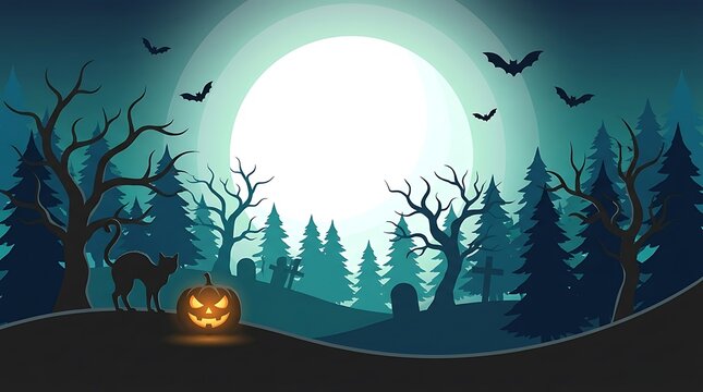 A spooky forest landscape with a glowing jack o lantern under a bright full moon for happy halloween celebrations