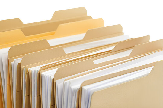 A row of brown paper office file folders standing in a line for business document organization tasks