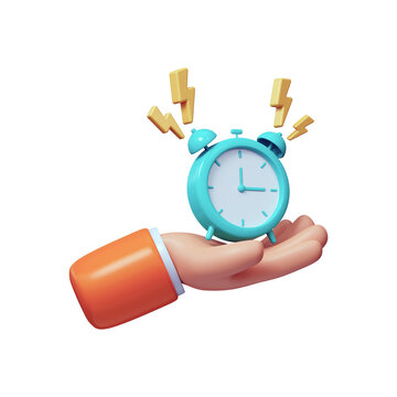 Colorful 3D illustration of a hand holding an alarm clock