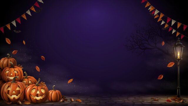 Spooky Halloween banner featuring glowing jack olanterns, autumn leaves, and bunting flags against a dark purple backdrop