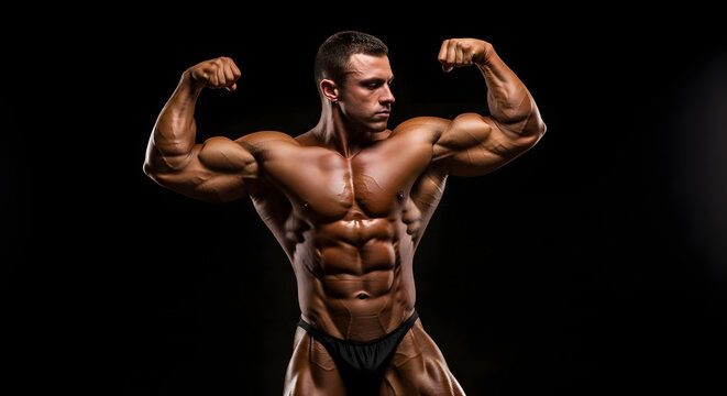 Muscular bodybuilder posing flexed biceps and abs in studio with dark background.