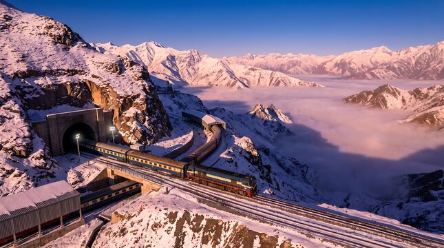 Aerial view of a passenger train emerging from a mountain tunnel into a snowy alpine landscape at sunrise with mountain landscape locomotive