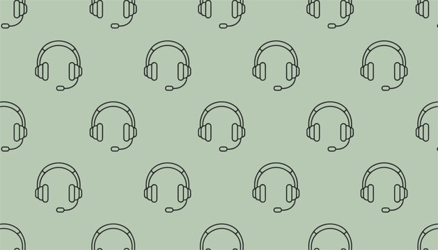 Seamless background pattern of headphones with microphone icons on a pastel green backdrop for call center themes.