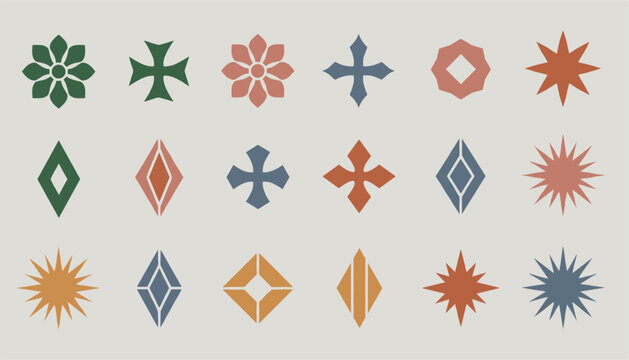 Geometric vector symbols in a grid featuring stars, crosses, diamonds, and flowers in pastel mid-century colors.