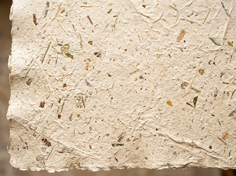 Textured recycled paper with seed inclusions. Eco friendly background, handmade paper texture, beige paper with seeds, sustainable craft material, natural pulp pattern