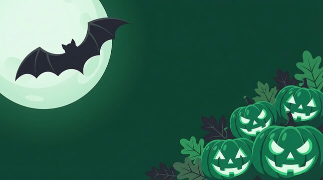 A spooky and delightful halloween scene featuring jack o' lanterns a full moon and a bat silhouetted against the dark green night