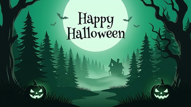 Happy halloween greeting card with spooky forest and pumpkins at night