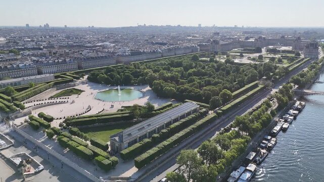 Tuileries Garden In Paris Ile De France France. Drone Captures A Garden With Sidewalks Surrounded By Lush Trees. Cities Of The World Landscape. Landmark Town. Paris ile de france.