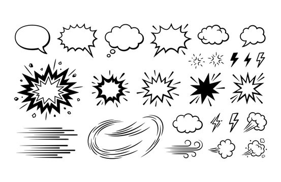 Comic Book Speech Bubbles and Action Effects Set, Hand Drawn Vector Elements for Graphic Design