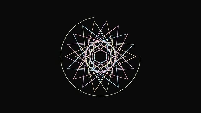 Star mandala composed of overlapping thin colorful lines rests on a black background.